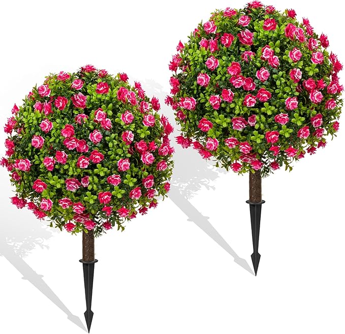 Artificial Topiary Ball with Ground Spike Set of 2, Faux Boxwoods for Outdoor Planters, UV Resistant Artificial Outdoor Plants for Porch, Fake Bushes Round Flower Shrub with Red Rose