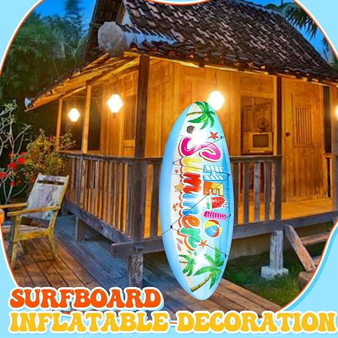 Eyourlife 5 FT Hello Summer Surfboard Inflatable, Outdoor Blow Up Yard Decoration with Built-in 3 LED Lights, Summer Luau Party Decorations for Pool Holiday Garden Lawn Patio Tropical Beach