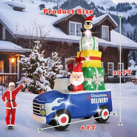 Christmas Decorations Outdoor Inflatables 10FT Christmas Car with Gift Package Inflatable Decor with Build-in LEDs Blow Up for Christmas Party Indoor Outdoor Yard Garden Lawn Patio