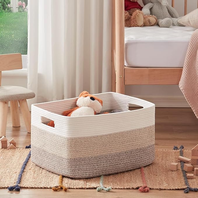 OIAHOMY Rectangle Woven Storage Basket - Nursery Cotton Rope Baskets for Storage For Living Room, Toy and Blanket Organizing, 18"x14"x12"- Pack of 3 - Gradient Yellow