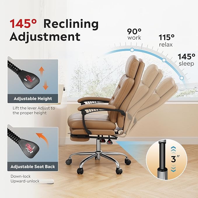 DEVAISE Executive Leather Home Office Chair with Footrest, High Back and Heavy Duty, Comfortable Big and Tall Ergonomic Desk Chair with Lumbar Support, Comfy Reclining, SGS Class 4 Gas Lift, Brown