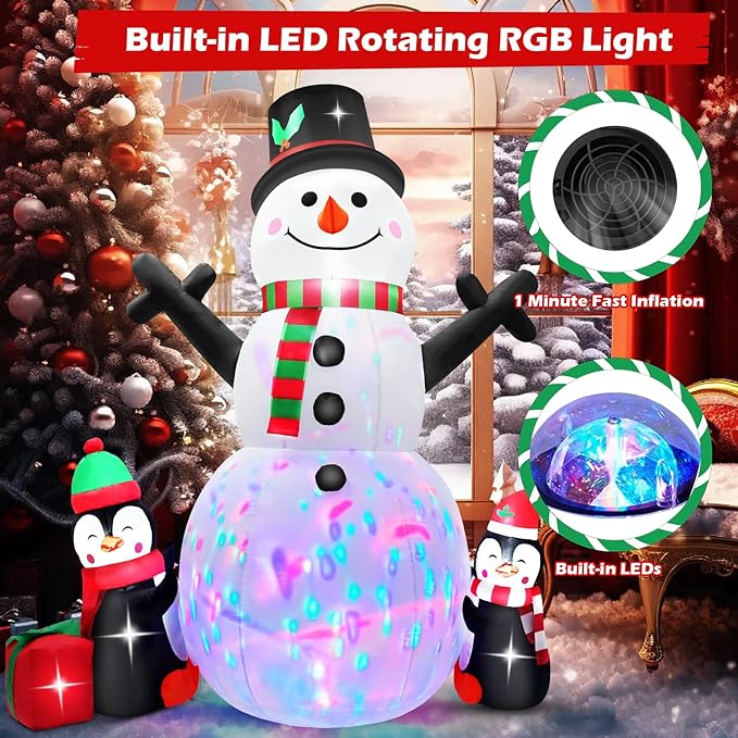 6 FT Christmas Inflatable Snowman Outdoor Decoration with Build-in Multicolor LEDs, Snowman with 2 Penguins Gift Blow Up Inflatables Christmas for Yard Garden Lawn Xmas Holiday Decor