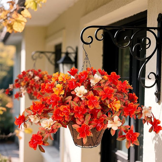 Fall Flowers with Hanging Basket Artificial for Decoration, Fake Silk Rhododendron Flowers for Outdoors, UV Resistant No Fade Floral for Home Garden Balcony Porch Patio Wedding Party Decor
