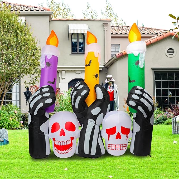 MUMTOP 6 Ft Height Inflatable Outdoor Halloween Decoration, Inflatables Spooky Skull Heads with Large Candles Halloween Decorations Blow up with Built-in LED Lights for Yard Party Holiday Garden Decor