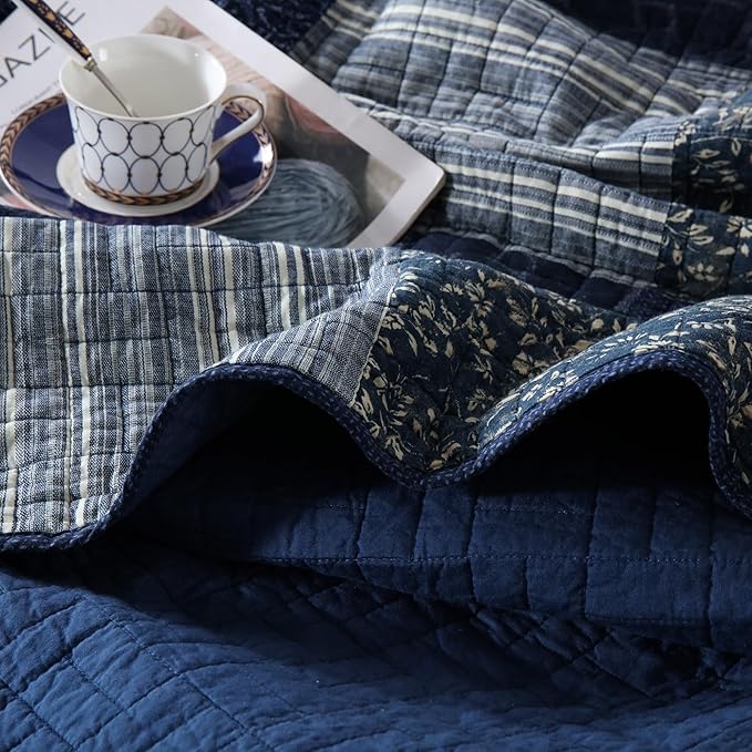 mixinni Navy Blue Quilt Set Queen Size, 100% Cotton Farmhouse Patchwork Plaid Floral Bedding Set, 3-Piece Reversible Lightweight Bedspread Coverlet Set for All Season (88"x92")