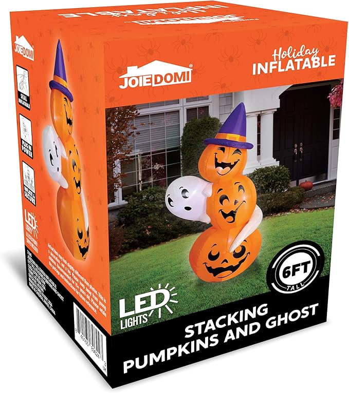 Joiedomi 6 FT Tall Halloween Inflatable Outdoor Decorations, Pumpkin Inflatable Halloween Decor Outdoor, Blow Ups Ghost and Pumpkins with Witch Hat for Cute Decorations Outdoor