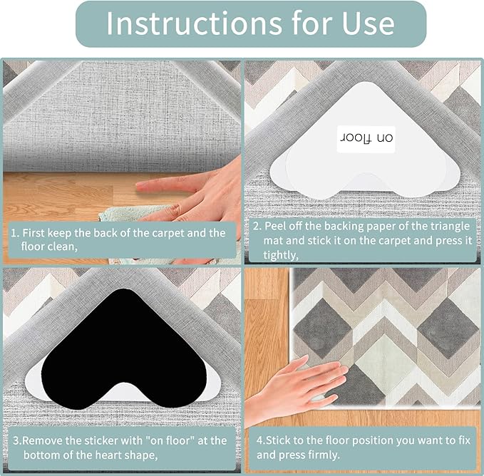Rug Grippers for Carpet, 16 Pairs Double Sided Carpet Tape Keep Corners Flat, Removable and Reusable Non Slip Rug Pads, Rug Tape for Area Rugs on Carpet