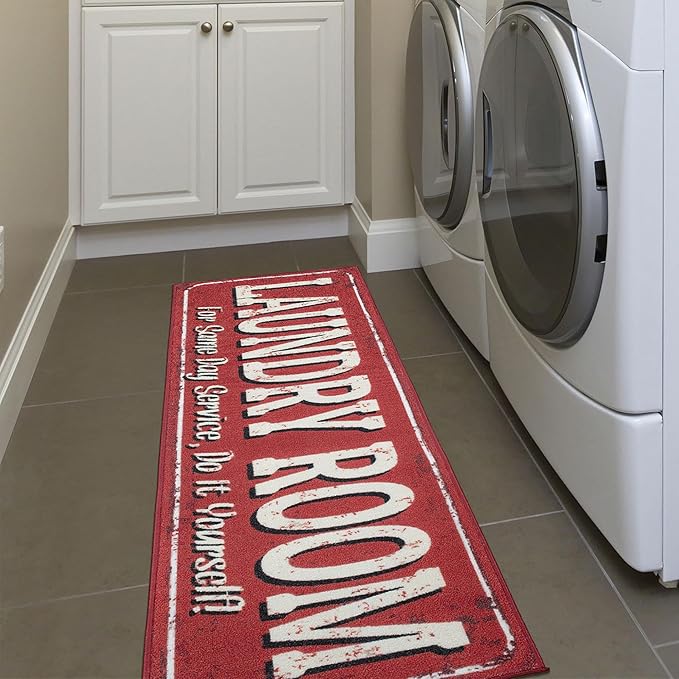 Ottomanson Laundry Collection Non-Slip Rubberback Laundry Text Design 2x5 Laundry Room Runner Rug, 20" x 59", Red
