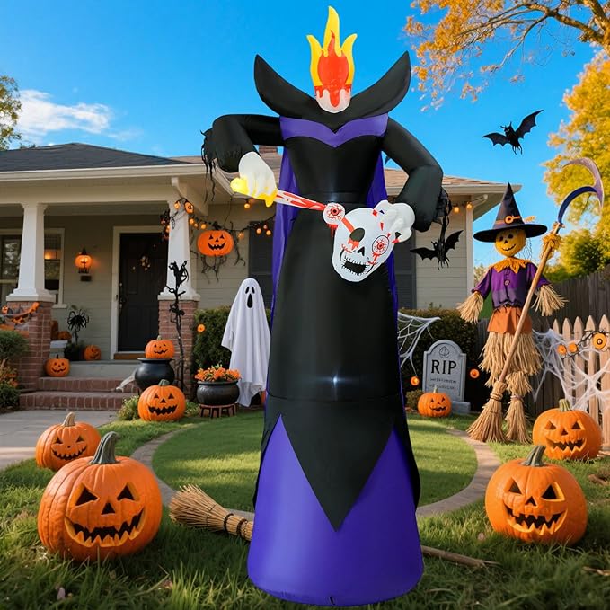 12FT Halloween Inflatables Giant Headless Reaper Ghost Outdoor Decorations with Flame Light Scary Flashing LED Lights Halloween Blow Up Yard Decorations for Party Garden Lawn Decor