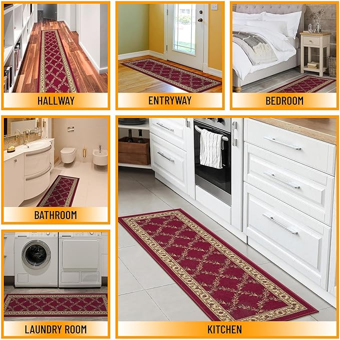 Ottomanson Machine Washable Trellis Design Non-Slip Rubberback 2x7 Modern Runner Rug for Hallway, Kitchen, Living Room, Bedroom, 1'10" x 7', Red Trellis
