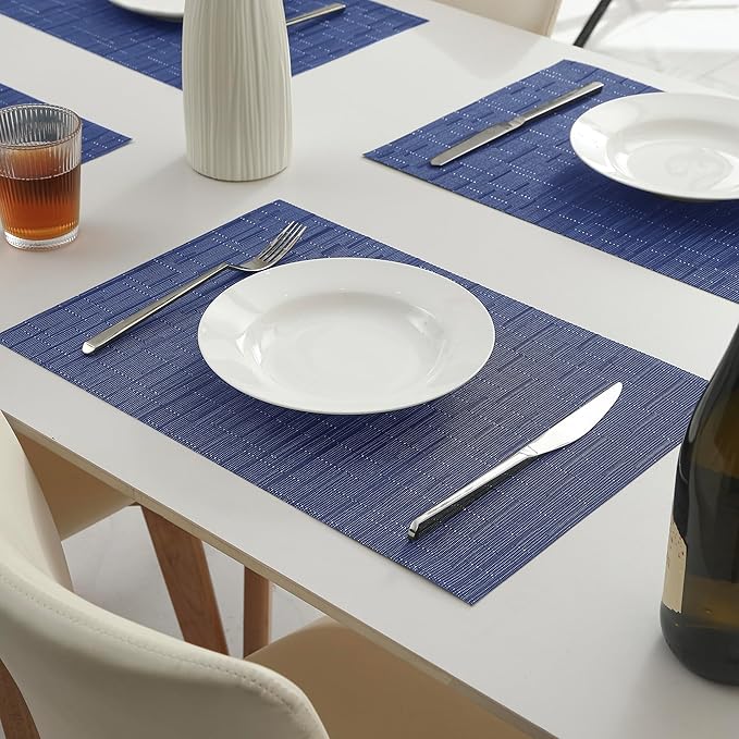 Leetaltree Blue Placemats Set of 8 - Heat Resistant Non-Slip Place mats for Dining Table, Washable Durable PVC Vinyl Woven Table Mats(Blue, 8)