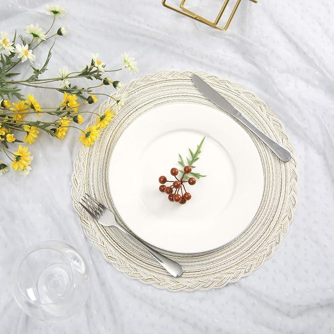 SHACOS Boho Round Placemats Set of 8 Braided Border Round Place Mats 15 inch Washable Dining Table Mats for Home Wedding Holiday Party (Ivory Bordered, 8)