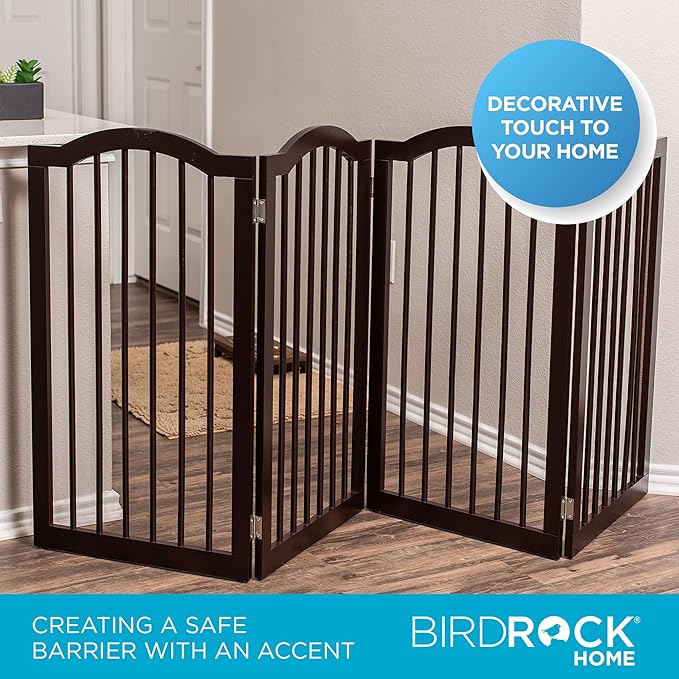INTERNET'S BEST Arched Top Dog Gate | 4 Panel, 36" H Wooden Pet Barrier for Dogs or Cats | Freestanding Folding Room Divider for Doorways, Hallways, Stairs, and Porch | Portable, Extra Wide | Espresso
