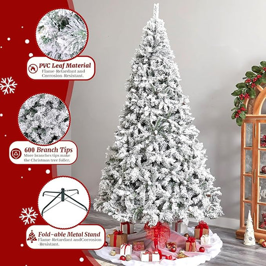 5ft Flocked Artificial Christmas Tree, Arbol de Navidad with 600 Branch Tips, Fake Christmas Tree, Premium Spruce Xmas Tree with Fold-Able Metal Base Stand