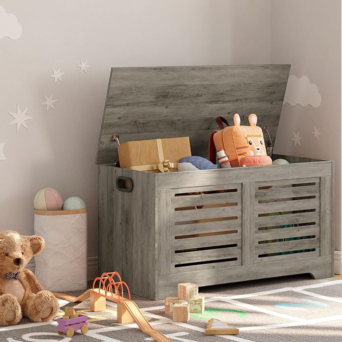 DINZI LVJ Storage Chest, Flip-Top Wooden Toy Box with 2 Safety Hinges, Retro Entryway Shoe Bench, Sturdy Large Storage Trunk for Living Room, Bedroom, Toddler Room, Easy Assembly, Grey Wash