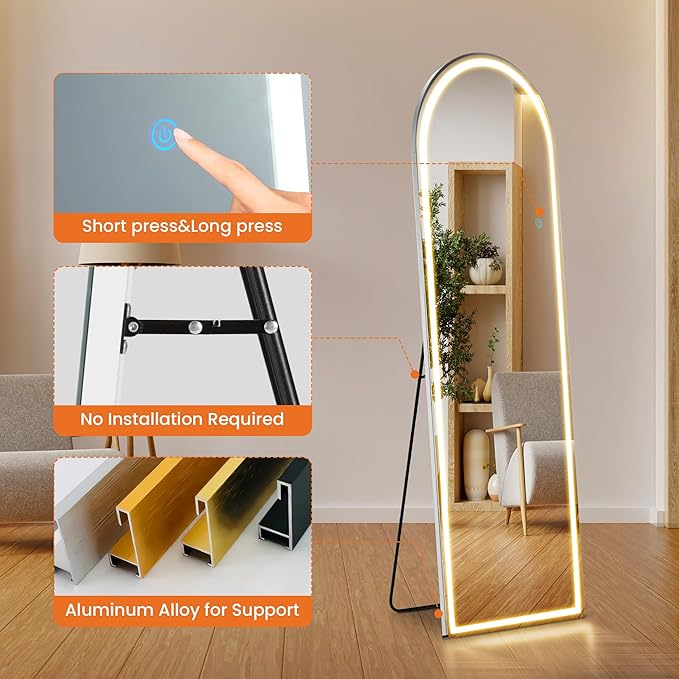 Sweetcrispy Arched Full Length Mirror with LED Lights, 60"x16" Lighted Floor Mirror with Stand, Dimming & 3 Color Lighting, Stand for Bedroom, Dressing Room