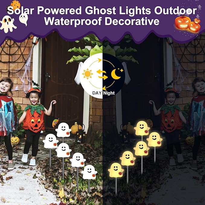 olar Halloween Ghost Pathway Lights, 10 Pack Ghost Stake Lights with Pumpkin Design, Durable Waterproof Outdoor Halloween Decoration for Garden, Walkway, and Yard (Warm White)