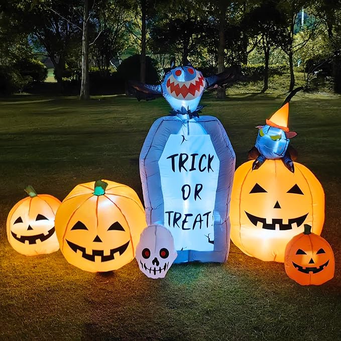 7FT Long Halloween Inflatable Pumpkin Patch with Tombstone & Black Cat & Bat, Blow up Halloween Inflatable with Build-in LED Lights Outdoor Decorations Large Party Yard Decoration