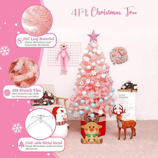 4ft Artificial Christmas Tree, Arbol de Navidad with 450 Branch Tips, Premium North Valley Spruce with Foldable Base Stand, Xmas Tree for Home, Office,Party Decoration-Pink