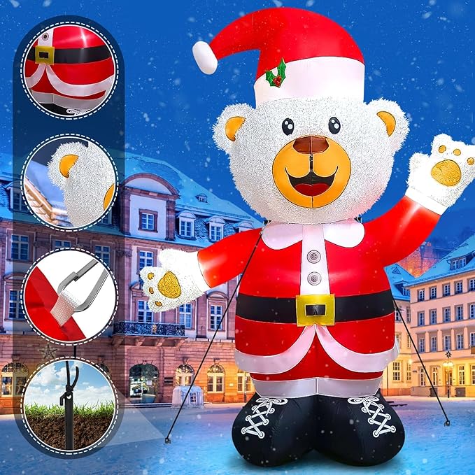 Kalolary 8FT Christmas Inflatable Fluffy Bear with LED Light, White & Red, Plush Fabric, Wind Resistant, Christmas Fluffy Bear Decoration