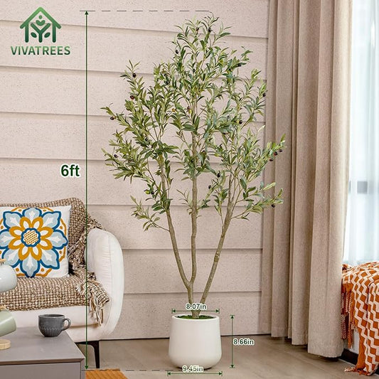 Olive Trees Artificial Indoor, 6FT Tall Faux Olive Tree with White Tall Planter, Artificial Plants with Natural Wood Trunk and Lifelike Fruits for Home Office Decor
