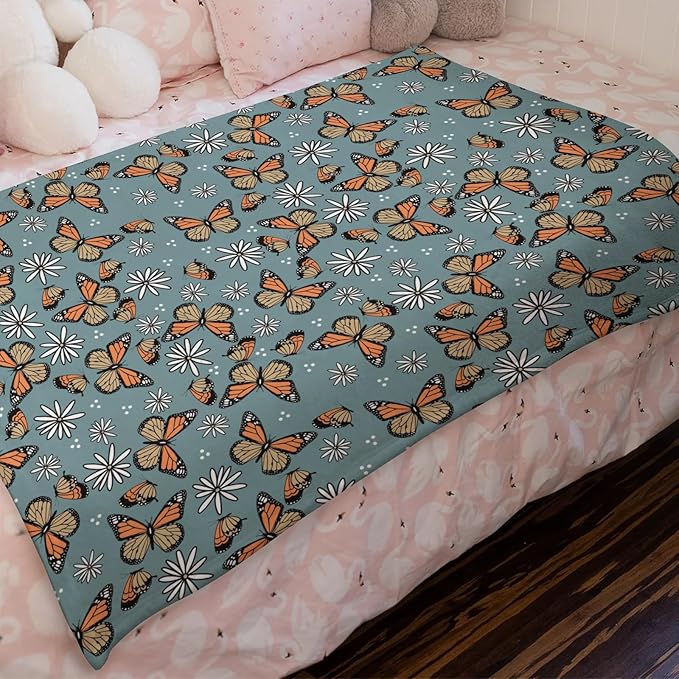 Butterfly Daisy Flower Baby Blanket for Girls Gift, Blue Yellow Floral Flannel Fleece Nursery Bed Receiving Blankets, Soft Warm Lightweight Newborn Infant Toddler Kids Crib Bedding 40 x 50