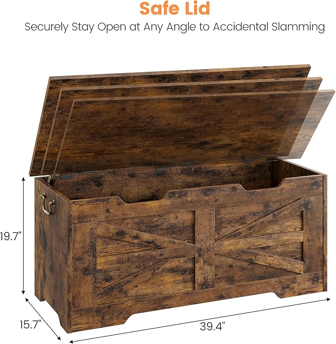 IDEALHOUSE Storage Chest, 39.4" Storage Bench Wooden Toy Chest Box, Farmhouse Storage Trunk with Safety Hinge, Supports 350 lbs, for Entryway, Living Room, Bedroom,Rustic Brown