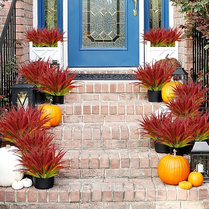 Artificial Fake Grass, 24 PCS Outdoor Faux Grasses Plastic Plants Greenery UV Resistant for Outside Home Window Box Garden Office Patio Hanging Planter Front Porch Décor (Light Green +Red)