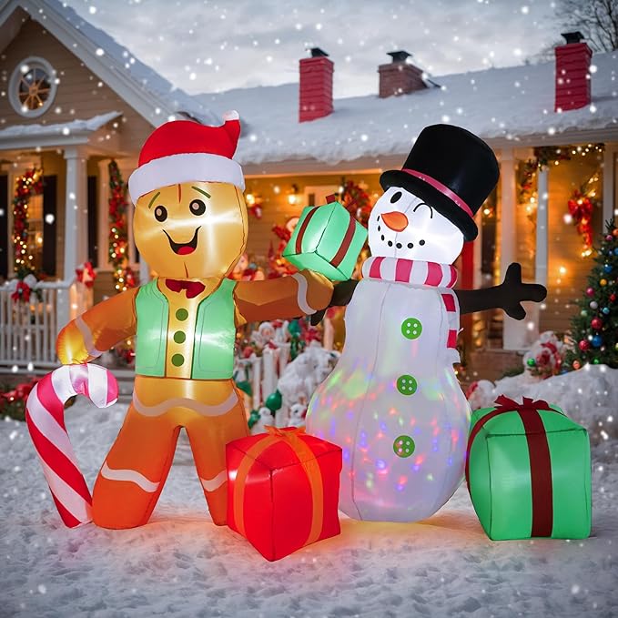 COOLWUFAN 6 FT Christmas Decorations Outdoor Inflatables Gingerbread Man Snowman Blow Up Yard Decor, Outdoor Inflatables Decorations with Rotating LED Light for Garden Patio Lawn Holiday Party Xmas