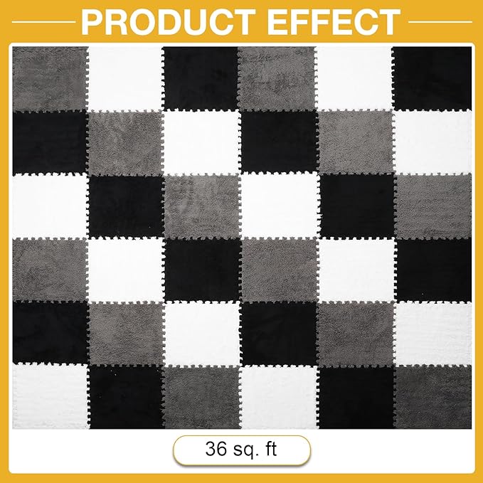 36 Pcs Plush Interlocking Carpet Tiles for Toddler Baby, Non-Toxic Foam, Machine-Washable, Anti-Slip, EVA Foam for Floor, Nursery, Playroom, Grey White Black