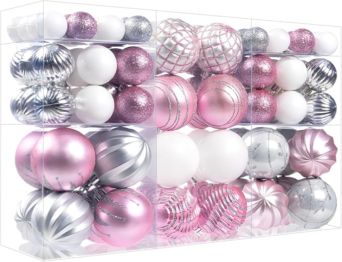 100Pcs Christmas Ball Ornaments Set, Assorted Shatterproof Christmas Ornament, Christmas Tree Theme Hanging Decoration for Xmas Tree Holiday/Party/Home Decor (Pink & Silver & White)