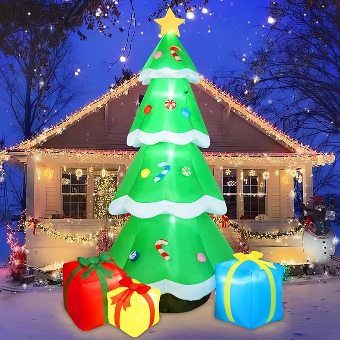 B&D 10FT Giant Inflatable Christmas Tree with Gift Box, Built-in LEDs - Outdoor Decoration for Holiday Party & Garden Lawn