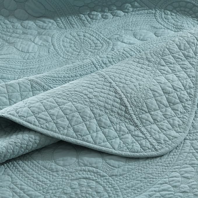 MarCielo 3-Piece 100% Cotton Oversized Bedspread Lightweight Quilt Coverlet Embroidery Farmhouse Bedding (Tf Aruba Blue, Oversized Queen (100"x106"))