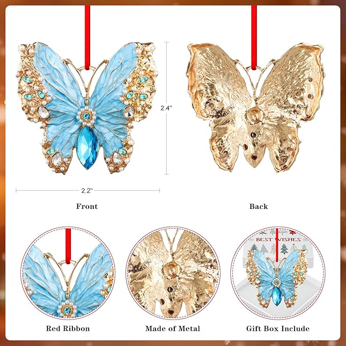 PETCEE Butterfly Christmas Ornaments - Blue Butterfly Ornaments for Christmas Tree Decorations Monarch Butterflies Hanging Ornaments Keepsake Gifts for Women Daughter Sister Mother Granddaughter Girl