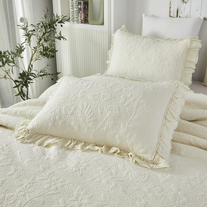 Brandream Cream Yellow White Quilt Set Queen Size Cotton Matelasse Bedding Luxury Ruffle Bedspread 3-Piece