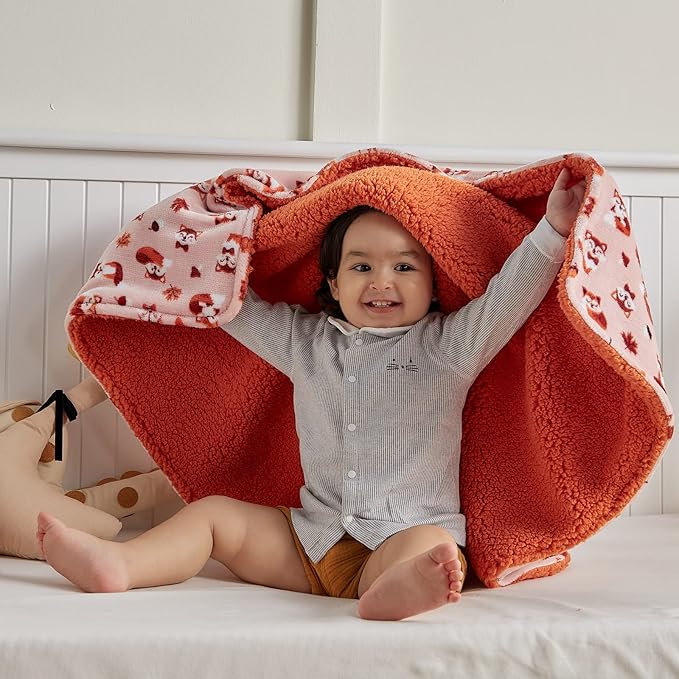 DaysU Plush Flannel Sherpa Baby Blanket for Girls Boys, Portable Reversible Soft Micro Fleece Baby Crib Throw Blanket with Animal Print for Newborn and Nursery, Fox, 30"x40"