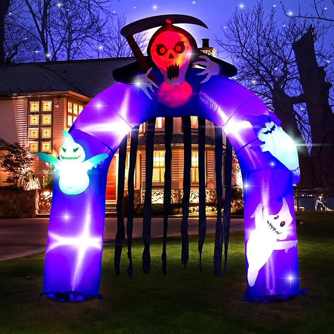 6FT Halloween Inflatables Giant Grim Reaper Arch with Three White Ghost, Built-in LEDs for Halloween Blow-Up Indoor-Outdoor Decoration, Cute Fun Holiday/Party/Yard/Garden Fantasy Party Display