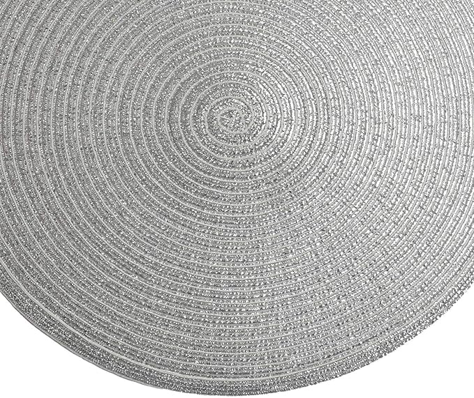 SHACOS Silver Glitter Round Braided Placemats Set of 8 Sparkle Bling Washable 15 inch Round Table Mats Woven Place Mats for Dining Table (Silver, 8)