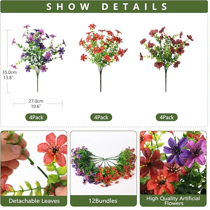 Artificial Fake Flowers for Outdoor Plants, 12 Bundle Realistic Faux Silk Daisy Flower UV Resistant for Outside Front Porch Patio Window Box Balcony Home(Mix)