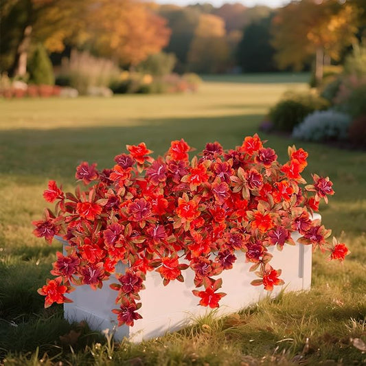 Fall Flowers Artificial for Decoration, Fake Silk Rhododendron Flowers for Outdoors, 2 Bundles Faux Azalea Outside UV Resistant No Fade Floral for Home Garden Balcony Walkway Wedding Party Decor