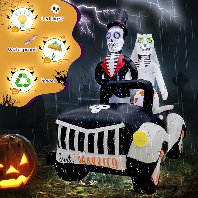7FT Halloween Inflatable Ghost Couple Driving Halloween Decorations Spooky Blow Up Decor with LED Lights Indoor Outdoor Yard Garden Party Holiday Decorations