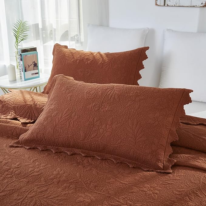 Brandream Queen Size Quilt Set Cotton Quilts Pumpkin Orange Farmhouse Bedding Set Matelasse Coverlet Set Scalloped Edge Quilts 3-Piece