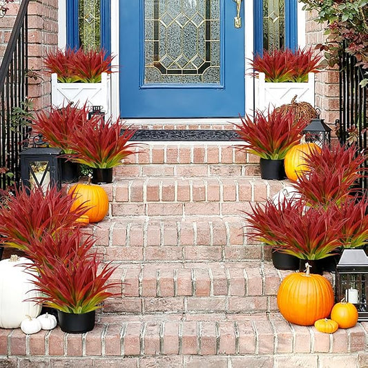 Artificial Fake Grass, 12 PCS Outdoor Faux Grasses Plastic Plants Greenery UV Resistant for Outside Home Window Box Garden Office Patio Hanging Planter Front Porch Décor (Light Green +Red)