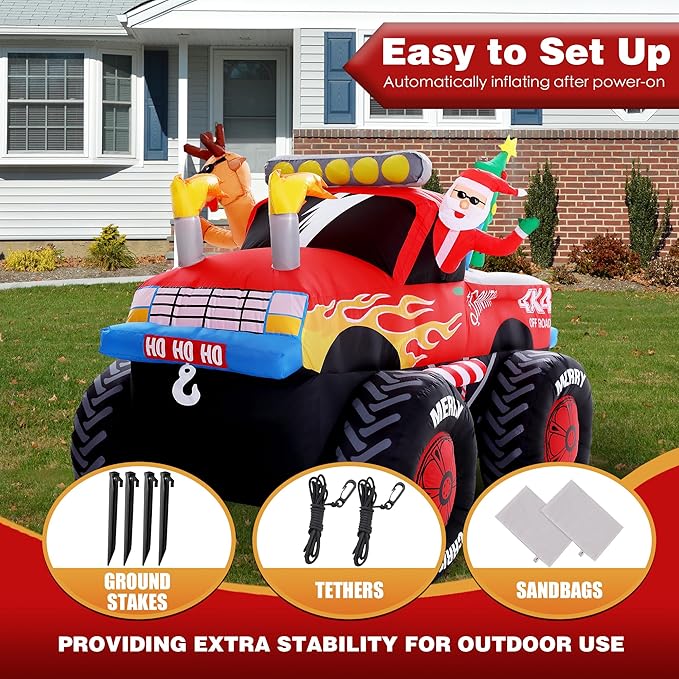 8 FT Long Santa in Monster Truck Christmas Inflatables Outdoor Decorations, Christmas Blow Up Santa Claus Yard Decorations for Garden Lawn Xmas Decor