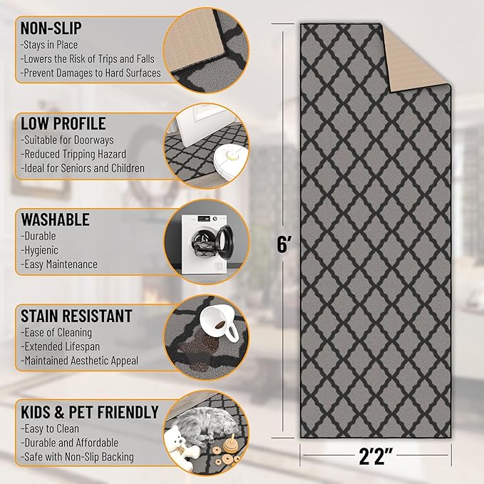 Ottomanson Glamour Collection Non-Slip Rubberback Moroccan Trellis Design 2x6 Indoor Runner Rug, 2'2" x 6', Dark Gray