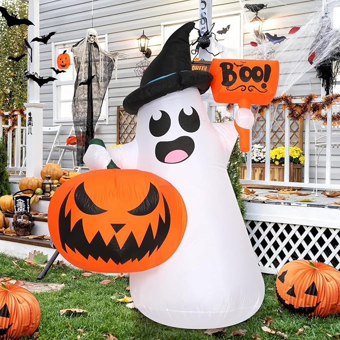 Inflatable Halloween Blow Ups, 5FT Outdoor Ghost Pumpkin Halloween Inflatables, Blow Up Yard Decoration with LED Lights, Halloween Decor for Home,Holiday,Party,Garden