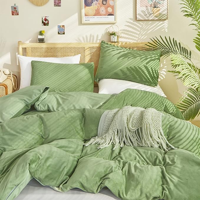 Sage Velvet Comforter Set Full Light Green Fluffy Flannel Bedding Set Winter Plush Blanket Quilts Soft Thick Warm Grass Green Comforter Set for Women Men Full Bed
