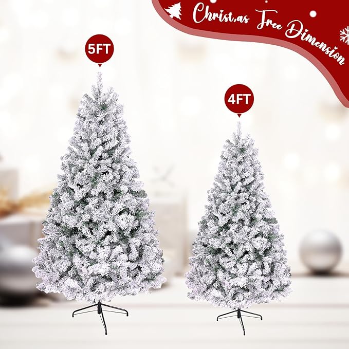 5ft Flocked Artificial Christmas Tree, Arbol de Navidad with 600 Branch Tips, Fake Christmas Tree, Premium Spruce Xmas Tree with Fold-Able Metal Base Stand