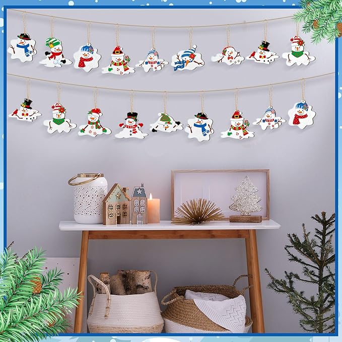 Suzile 36 Pcs Christmas Wooden Ornaments Melting Snowman Style Hanging Decor Cartoon Christmas Tree Hanging Decoration Melting Snowman Pattern for Xmas Home Winter Party