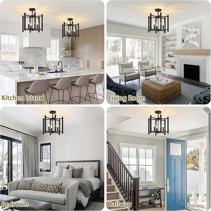 14.6'' Black Farmhouse Semi Flush Mount Ceiling Light Fixture, 3-Light Modern Ceiling Light Fixtures Industrial Flush Mount Ceiling Lighting Fixture for Dining Room Kitchen Hallway Bedroom